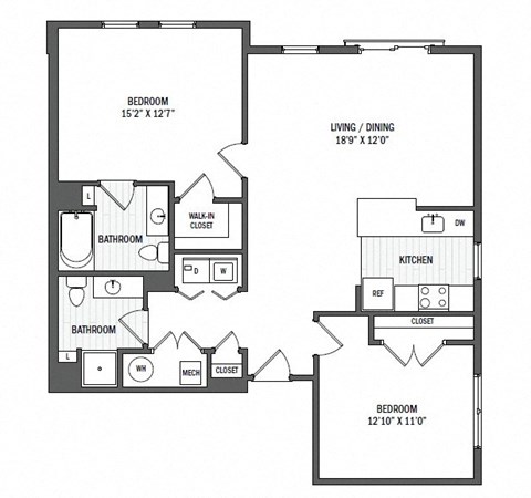 Floor plan for 2 beds, 2 baths, 1054 sqft